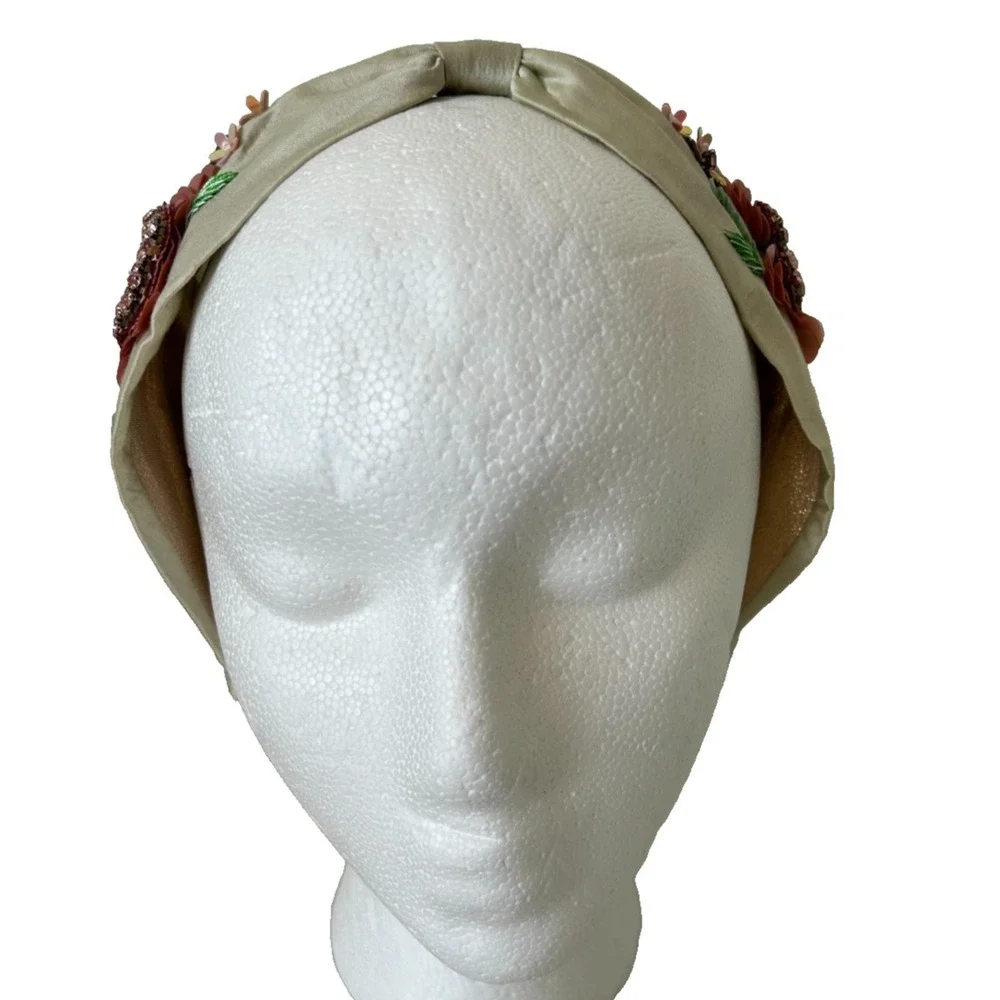 Powder Design Hand Embellished Floral Headband Sequin Bead Sage Pink Boho EUC